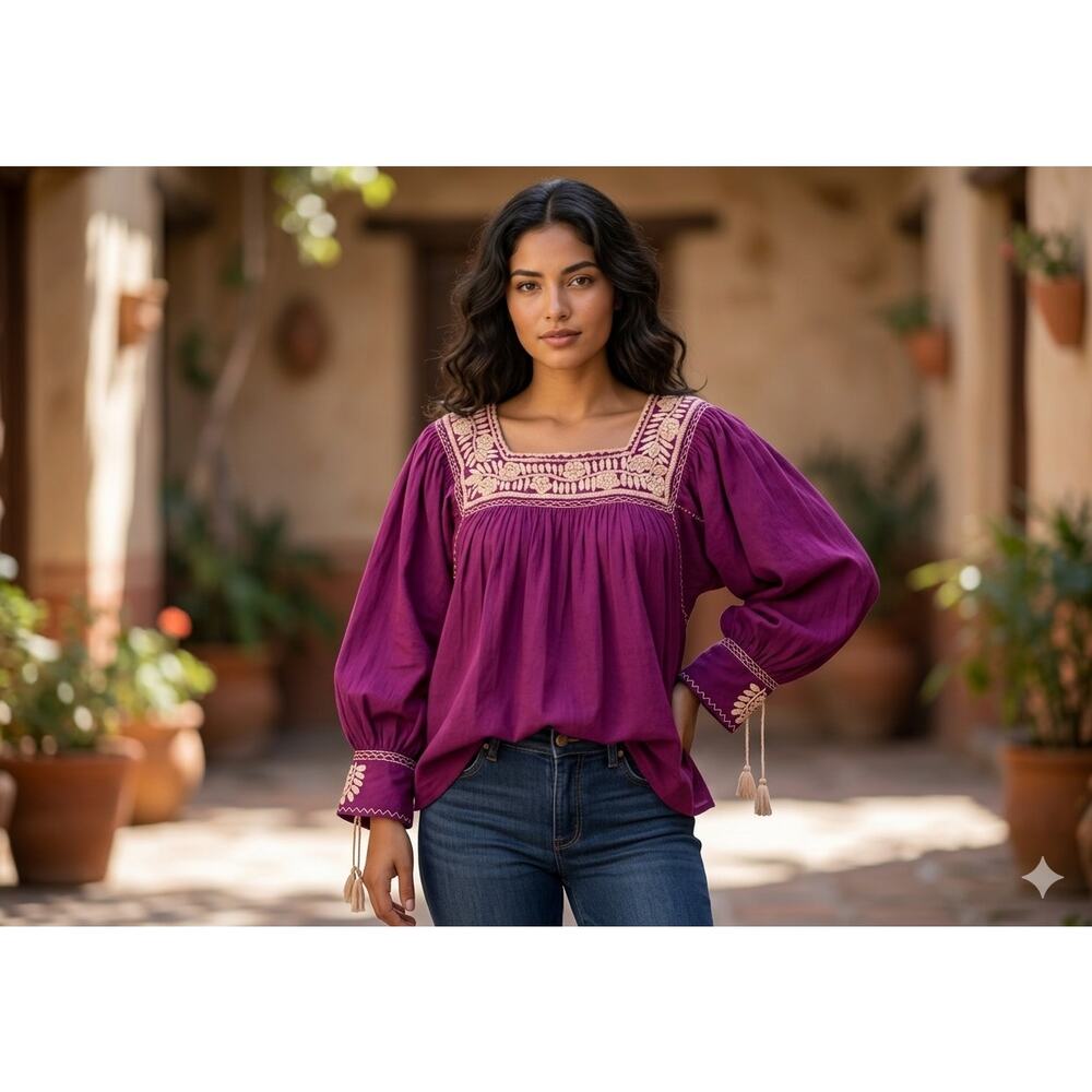 Handmade Embroidered Mexican Style Peasant Tunic Top Boho Square Neck Plum